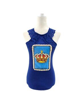 Vero Solis Womens Small Top La Corona Loteria Card Crown Rhinestone Bling Lace
